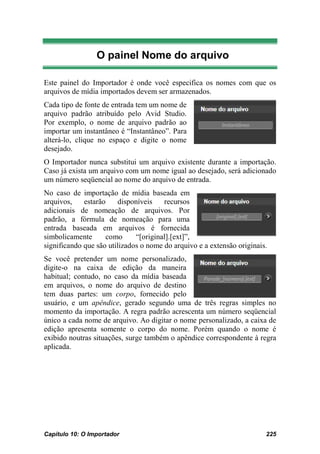 O painel Nome do arquivo

Este painel do Importador é onde você especifica os nomes com que os
arquivos de mídia importados devem ser armazenados.
Cada tipo de fonte de entrada tem um nome de
arquivo padrão atribuído pelo Avid Studio.
Por exemplo, o nome de arquivo padrão ao
importar um instantâneo é “Instantâneo”. Para
alterá-lo, clique no espaço e digite o nome
desejado.
O Importador nunca substitui um arquivo existente durante a importação.
Caso já exista um arquivo com um nome igual ao desejado, será adicionado
um número seqüencial ao nome do arquivo de entrada.
No caso de importação de mídia baseada em
arquivos,    estarão     disponíveis   recursos
adicionais de nomeação de arquivos. Por
padrão, a fórmula de nomeação para uma
entrada baseada em arquivos é fornecida
simbolicamente      como      “[original].[ext]”,
significando que são utilizados o nome do arquivo e a extensão originais.
Se você pretender um nome personalizado,
digite-o na caixa de edição da maneira
habitual; contudo, no caso da mídia baseada
em arquivos, o nome do arquivo de destino
tem duas partes: um corpo, fornecido pelo
usuário, e um apêndice, gerado segundo uma de três regras simples no
momento da importação. A regra padrão acrescenta um número seqüencial
único a cada nome de arquivo. Ao digitar o nome personalizado, a caixa de
edição apresenta somente o corpo do nome. Porém quando o nome é
exibido noutras situações, surge também o apêndice correspondente à regra
aplicada.




Capítulo 10: O Importador                                               225
 