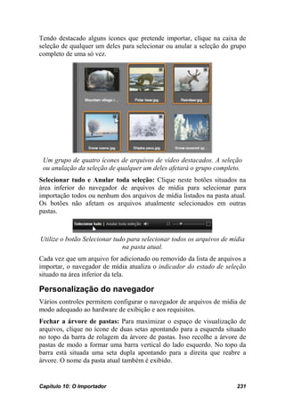 Tendo destacado alguns ícones que pretende importar, clique na caixa de
seleção de qualquer um deles para selecionar ou anular a seleção do grupo
completo de uma só vez.




 Um grupo de quatro ícones de arquivos de vídeo destacados. A seleção
 ou anulação da seleção de qualquer um deles afetará o grupo completo.
Selecionar tudo e Anular toda seleção: Clique neste botões situados na
área inferior do navegador de arquivos de mídia para selecionar para
importação todos ou nenhum dos arquivos de mídia listados na pasta atual.
Os botões não afetam os arquivos atualmente selecionados em outras
pastas.



Utilize o botão Selecionar tudo para selecionar todos os arquivos de mídia
                              na pasta atual.
Cada vez que um arquivo for adicionado ou removido da lista de arquivos a
importar, o navegador de mídia atualiza o indicador do estado de seleção
situado na área inferior da tela.

Personalização do navegador
Vários controles permitem configurar o navegador de arquivos de mídia de
modo adequado ao hardware de exibição e aos requisitos.
Fechar a árvore de pastas: Para maximizar o espaço de visualização de
arquivos, clique no ícone de duas setas apontando para a esquerda situado
no topo da barra de rolagem da árvore de pastas. Isso recolhe a árvore de
pastas de modo a formar uma barra vertical do lado esquerdo. No topo da
barra está situada uma seta dupla apontando para a direita que reabre a
árvore. O nome da pasta atual também é exibido.


Capítulo 10: O Importador                                              231
 