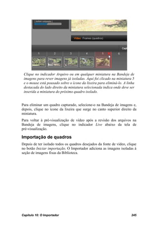 Clique no indicador Arquivo ou em qualquer miniatura na Bandeja de
 imagens para rever imagens já isoladas. Aqui foi clicado na miniatura 5
 e o mouse está pousado sobre o ícone da lixeira para eliminá-lo. A linha
 destacada do lado direito da miniatura selecionada indica onde deve ser
 inserida a miniatura do próximo quadro isolado.


Para eliminar um quadro capturado, selecione-o na Bandeja de imagens e,
depois, clique no ícone da lixeira que surge no canto superior direito da
miniatura.
Para voltar à pré-visualização de vídeo após a revisão dos arquivos na
Bandeja de imagens, clique no indicador Live abaixo da tela de
pré-visualização.

Importação de quadros
Depois de ter isolado todos os quadros desejados da fonte de vídeo, clique
no botão Iniciar importação. O Importador adiciona as imagens isoladas à
seção de imagens fixas da Biblioteca.




Capítulo 10: O Importador                                              245
 