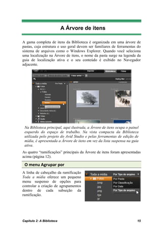 A Árvore de itens

A gama completa de itens da Biblioteca é organizada em uma árvore de
pastas, cuja estrutura e uso geral devem ser familiares de ferramentas do
sistema de arquivos como o Windows Explorer. Quando você seleciona
uma localização na Árvore de itens, o nome da pasta surge na legenda da
guia de localização ativa e o seu conteúdo é exibido no Navegador
adjacente.




 Na Biblioteca principal, aqui ilustrada, a Árvore de itens ocupa o painel
 esquerdo do espaço de trabalho. Na vista compacta da Biblioteca
 utilizada pelo projeto do Avid Studio e pelas ferramentas de edição de
 mídia, é apresentada a Árvore de itens em vez da lista suspensa na guia
 ativa.
As quatro “ramificações” principais da Árvore de itens foram apresentadas
acima (página 12).

 O menu Agrupar por
A linha de cabeçalho da ramificação
Toda a mídia oferece um pequeno
menu suspenso de opções para
controlar a criação de agrupamentos
dentro de cada subseção da
ramificação.




Capítulo 2: A Biblioteca                                                 15
 