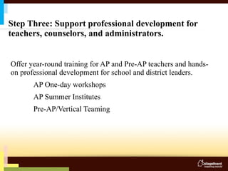 Step Three: Support professional development for teachers, counselors, and administrators. Offer year-round training for AP and Pre-AP teachers and hands-on professional development for school and district leaders. AP One-day workshops AP Summer Institutes Pre-AP/Vertical Teaming 
