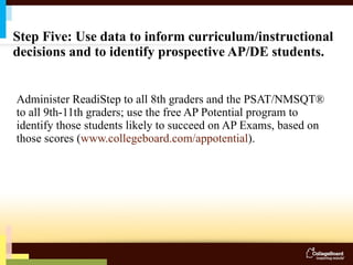 Step Five: Use data to inform curriculum/instructional decisions and to identify prospective AP/DE students. Administer ReadiStep to all 8th graders and the PSAT/NMSQT® to all 9th-11th graders; use the free AP Potential program to identify those students likely to succeed on AP Exams, based on those scores ( www.collegeboard.com/appotential ). 