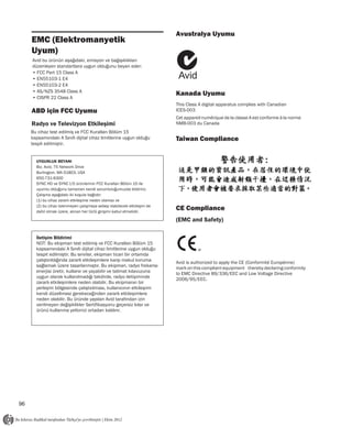 Avustralya Uyumu
     EMC (Elektromanyetik
     Uyum)
     Avid bu ürünün aşağıdaki, emisyon ve bağışıklıkları
     düzenleyen standartlara uygun olduğunu beyan eder:
     • FCC Part 15 Class A
     • EN55103-1 E4                                                       Avid
     • EN55103-2 E4
     • AS/NZS 3548 Class A
                                                                         Kanada Uyumu
     • CISPR 22 Class A
                                                                         This Class A digital apparatus complies with Canadian
     ABD için FCC Uyumu                                                  ICES-003
                                                                         Cet appareil numérique de la classe A est conforme à la norme
     Radyo ve Televizyon Etkileşimi                                      NMB-003 du Canada
     Bu cihaz test edilmiş ve FCC Kuralları Bölüm 15
     kapsamındaki A Sınıfı dijital cihaz limitlerine uygun olduğu        Taiwan Compliance
     tespit edilmiştir.


       UYGUNLUK BEYANI
       Biz, Avid, 75 Network Drive
       Burlington, MA 01803, USA
       650-731-6300
       SYNC HD ve SYNC I/O ürünlerinin FCC Kuralları Bölüm 15 ile
       uyumlu olduğunu tamamen kendi sorumluluğumuzda bildiririz.
       Çalışma aşağıdaki iki koşula bağlıdır:
       (1) bu cihaz zararlı etkileşime neden olamaz ve
       (2) bu cihaz istenmeyen çalışmaya sebep olabilecek etkileşim de
       dahil olmak üzere, alınan her türlü girişimi kabul etmelidir.
                                                                         CE Compliance
                                                                         (EMC and Safety)

       İletişim Bildirimi
       NOT: Bu ekipman test edilmiş ve FCC Kuralları Bölüm 15
       kapsamındaki A Sınıfı dijital cihaz limitlerine uygun olduğu
       tespit edilmiştir. Bu sınırlar, ekipman ticari bir ortamda
       çalıştırıldığında zararlı etkileşimlere karşı makul koruma        Avid is authorized to apply the CE (Conformité Europénne)
       sağlamak üzere tasarlanmıştır. Bu ekipman, radyo frekansı         mark on this compliant equipment thereby declaring conformity
       enerjisi üretir, kullanır ve yayabilir ve talimat kılavuzuna      to EMC Directive 89/336/EEC and Low Voltage Directive
       uygun olarak kullanılmadığı takdirde, radyo iletişiminde          2006/95/EEC.
       zararlı etkileşimlere neden olabilir. Bu ekipmanın bir
       yerleşim bölgesinde çalıştırılması, kullanıcının etkileşimi
       kendi düzeltmesi gerekeceğinden zararlı etkileşimlere
       neden olabilir. Bu üründe yapılan Avid tarafından izin
       verilmeyen değişiklikler Sertifikasyonu geçersiz kılar ve
       ürünü kullanma yetkinizi ortadan kaldırır.




96
 