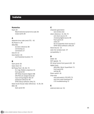indeks


Numerics                                        C
9-pin 20                                        character generation
     MachineControl serial time code 36              see window dub
     output ports 28                            clock reference 14, 36, 73
                                                     and clock source 15
A                                                    choosing digital source 38
absolute time code (and LTC) 43                      front panel 23
                                                     LEDs 23
AC Power In 28
                                                     list of supported clock sources 2
AES/EBU                                              SYNC Setup software utility 29
     as clock reference 38
                                                Clock Source 14
     connecting 11
     connectors 27                              color (for window dub) 57
Auto ID 13                                      compatibility 3
Auto Switch 45
     and freewheel duration 73                  D
                                                DASH 38
B                                               DAT signals 73
back panel 26                                   DF (drop frame) front panel LED 25
base clock 61                                   digital clock
Bi-Phase/Tach 26, 46, 74                              AES/EBU, Word, SuperClock 73
     for mag, flatbed, projectors 41                  front panel 60
     front panel 64                                   setting 38
     GPI Relay Outputs diagram 88               Down switch 35
     GPI/Pilot pin assignments 92               drop outs
     input wiring diagram 86, 87                      and auto-switch LTC/VITC 73
     positional reference 46                          and time code freewheel 44
     SYNC Setup software utility 31                   LTC troubleshooting 72
black burst (house video reference) 9, 26, 36
BNC 38                                          E
     back panel 26                              external clock out 61




                                                                                         99
 