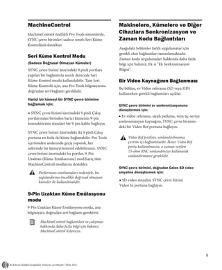 MachineControl                                      Makinelere, Kümelere ve Diğer
MachineControl özellikli Pro Tools sistemlerde,     Cihazlara Senkronizasyon ve
SYNC çevre birimleri sadece sınırlı Seri Küme       Zaman Kodu Bağlantıları
Kontrolünü destekler.
                                                    Aşağıdaki bölümler farklı uygulamalar için
                                                    gerekli olan bağlantıları tanımlamaktadır.
Seri Küme Kontrol Modu                              Zaman kodu uygulamaları hakkında daha fazla
(Sadece Doğrusal Olmayan Kümeler)                   bilgi için bakınız, Ek A "Ek Senkronizasyon
SYNC çevre birimi üzerindeki 9 pinli portlara       Bilgisi".
yapılan bir bağlantıyla sınırlı derecede Seri
Küme Kontrol modu kullanılabilir. Tam Seri          Bir Video Kaynağının Bağlanması
Küme Kontrolü için, ana Pro Tools bilgisayarına
                                                    Bu bölüm, ev Video referansı (SD veya HD)
doğrudan seri bağlantı gereklidir.
                                                    kullanırken gerekli bağlantıları açıklar.
Harici bir kümeyi bir SYNC çevre birimine
bağlamak için:                                      SYNC çevre birimini ev senkronizasyonuna
                                                    dönüştürmek için:
◆ SYNC çevre birimi üzerindeki 9 pinli Çıkış
                                                    ■ Ev video referansı, siyah patlama, veya üç-seviye
portlarından birinden harici kümenin 9-pin
                                                    senkronizasyon kaynağını, SYNC çevre birimin-
konnektörüne standart bir 9-pin kablo bağlayın.
                                                    deki bir Video Ref portuna bağlayın.
SYNC çevre birimi üzerindeki iki 9 pinli Çıkış
portuna en fazla iki küme bağlanabilir. Pro Tools        Video Ref portları, sonlandırılmamış
içerisinden aralarında geçiş yaparak, her                çevrim-içi bağlantılardır. İkinci Video Ref
seferinde bir kümeyi kontrol edebilirsiniz. SYNC         portu kullanılmazsa, o zaman verilen
                                                         75-ohm BNC sonlandırıcıyı kullanarak
çevre birimi üzerindeki bu portlar, 9-Pin
                                                         sonlandırmanız gereklidir.
Uzaktan (Küme Emülasyonu) mod hariç tüm
MachineControl modlarını destekler.
                                                    SYNC çevre birimini, doğrudan Gelen SD video
       Performans sınırlamaları nedeniyle, bu       sinyaline dönüştürmek için:
       yapılandırma öncelikle doğrusal olmayan
       kümeler ile kullanılmalıdır.                 ■ SD video sinyalini SYNC çevre birimi
                                                    Video In portuna bağlayın.

9-Pin Uzaktan Küme Emülasyonu
modu
9-Pin Uzaktan Küme Emülasyonu modu, ana
bilgisayara doğrudan seri bağlantı gerektirir.

       MachineControl bağlantıları ve çalışması
       hakkında daha fazla bilgi için bakınız,
       MachineControl Kılavuzu.




                                                                                                          9
 