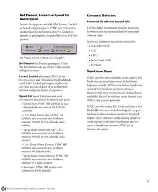Ref Present, Locked ve Speed Cal                     Konumsal Referans
Göstergeleri
                                                     Konumsal bir referans seçmek için:
Session Setup penceresindeki Ref Present, Locked
ve Speed Cal göstergeleri, SYNC çevre biriminin      ■ SYNC Setup bölümünde bulunan Positional
senkronizasyon durumunu gösterir. Locked ve          Reference pop-up menüsünden bir konumsal
Speed Cal göstergeleri, ön paneldeki aynı LED'leri   referans seçin.
yansıtır.
                                                     Positional Reference seçenekleri şunlardır:
                                                      • Auto LTC/VITC
                                                      • LTC
                                                      • VITC
Ref Present, Locked ve Speed Cal Göstergeleri
                                                      • Serial Time Code
Ref Present Ref Present göstergesi, Video             • Bi-Phase
Ref konektörlerinde geçerli bir video sinyali
olduğunda yanar.                                     Örnekleme Oranı
Locked Locked göstergesi, SYNC çevre                 SYNC çevre birimi örnekleme oranı, geçerli Pro
birimi seçilen saat referansına kilitlendiğinde
                                                     Tools oturum örnekleme oranı ile belirlenir.
yanık kalır. Locked göstergesi, seçilen saat
                                                     Bağımsız modda, SYNC çevre birimi örnekleme
referansı mevcut değilse veya kilitlenebilir
frekans aralığında değilse yanıp söner.              oranı SYNC Kurulum yazılımı (yalnızca
                                                     Windows) ile veya ön panel tuşları kullanılarak
Speed Cal Speed Cal göstergesi, saat                 seçilebilir. Geçerli örnekleme oranı Sample Rate
referansının durumunu belirtmek için yanar:          LED’leri tarafından gösterilir.
  • Sürekli Sarı: SYNC HD kilitlidir ve saat
  referansı beklenen oranın %0.025'inin              SYNC çevre birimleri, Pro Tools yazılımı ve Pro
  içindedir.                                         Tools|HD donanımı ile kullanıldığında, uygun
 • Hızlı Yanıp Sönen Sarı: SYNC HD                   bütün örnekleme hızlarını destekler. Playback
 kilitlidir ama saat referansı beklenen              Engine veya Hardware Setup diyalog pencerele-
 orandan %0.025 ile %4 arasında daha                 rinde oturum örnekleme oranlarının ayarlan-
 hızlıdır.                                           ması, o örnekleme oranının SYNC çevre
 • Yavaş Yanıp Sönen Sarı: SYNC HD                   birimini de ayarlar.
 kilitlidir ama saat referansı beklenen
 orandan %0.025 ile %4 arasında daha
 yavaştır.
 • Hızlı Yanıp Sönen Kırmızı: SYNC HD
 kilitlidir ama saat referansı beklenen
 orandan %4 daha hızlıdır.
 • Yavaş Yanıp Sönen Kırmızı: SYNC HD
 kilitlidir ama saat referansı beklenen
 orandan % 4 daha yavaştır.
 • Yanmıyor: SYNC HD seçilen saat
 referansına kilitli değildir.


                                                                                                        17
 