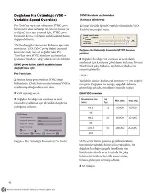 Değişken Hız Üstünlüğü (VSO –                         SYNC Kurulum yazılımından
     Variable Speed Override)                              (Yalnızca Windows):

     Pro Tools’un veya saat referansını SYNC çevre         1 Setup Variable Speed Override bölümünde, VSO
     biriminden alan herhangi bir cihazın hızına (ve       Enabled seçeneğini seçin.
     aralığına) ince ayar yapmak için, SYNC çevre
     biriminin kristal-referanslı dahili saatinin hızını
     değiştirebilirsiniz.

     VSO herhangi bir Konumsal Referans ayarında
     mevcuttur. VSO, SYNC çevre birimi ön panel
                                                           Değişken Hız Üstünlüğü Kontrolleri (SYNC Kurulum
     kontrollerinde mevcut değildir fakat Pro              yazılımı)
     Tools’dan veya SYNC Kurulum yazılımından
     (yalnızca Windows) doğrudan kontrol edilebilir.       2 Değişken hız değerini semitone ve sent olarak
                                                           ayarlamak için kaydırma çubuklarını kullanın. Mevcut
     SYNC çevre birimi dahili saatinin hızını              Word Clock çıkış frekansı, kaydırma çubuklarını
     değiştirmek için:                                     yanında gösterilir.
     Pro Tools’tan:
                                                           - veya -
     1 Session Setup penceresinin SYNC Setup               Yazılabilir alanları kullanarak semitone ve sent değerle-
     bölümünde, Clock Reference’ın Internal/VSO’ya         rini girin. Değişken hız aralığı, aşağıdaki tabloda
     ayarlanmış olduğundan emin olun.                      gösterildiği şekilde, örnekleme oranı ile değişir.
     2 VSO seçeneği seçin.                                 Etkili VSO oranları

     3 Değişken hız değerini semitone ve sent               Örnekleme Hızı        Hız
                                                                                             Min. (Hz)   Max (Hz)
     cinsinden ayarlamak için ekrandaki kaydırma            (kHz)                 Tipi
     çubuğunu kullanın.                                               44.1          1x        40000       50500
                                                                      48

                                                                      88.2          2x        80000      101000

                                                                      96
                                                                  176.4             4x       160000      202000

                                                                      192


     Değişken Hız Üstünlüğü Kontrolleri (Pro Tools)        SYNC çevre birimi yalnızca geçerli örnekleme
                                                           hızı sınırları içindeki hızları çıkış yapacaktır. Bir
                                                           değişken hız değeri geçerli örnekleme hızı
                                                           limitlerinin altında veya üzerinde bir çıkış
                                                           frekansı (örnekleme hızı) ile sonuçlanırsa,
                                                           frekans göstergesi kırmızıya döner.

                                                           3 Set tıklayın.




42
 