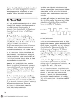 Sadece Word Clock kullanarak, bir kaynağı Word         Bi-Phase/Tach sinyalleri, kesin anlamda saat
     Clock master olarak alıp diğer kaynakları Word         referans sinyalleridir ve kendi konumsal bilgileri-
     Clock slave yaparak, stüdyonuzda bir dijital           ni içermezler. Ancak, SYNC çevre biriminin
     cihazlar "zinciri” yaratmanız mümkündür.               konumsal bilgiyi hesaplaması için yeterli bilgi
                                                            içeririler.

                                                            Bi-Phase/Tach sinyalleri, bir saat referansı olarak
     Bi-Phase/Tach                                          işlev görebilen sinyaller oluşturmak için iki kare
                                                            dalga kullanır. Bu iki kare dalga, aşağıdakine
     Bi-Phase ve Tach mag makinesi 16, 35 ve 70 mm          benzer bir modelde 90 ° faz dışıdır:
     projektörlerle, masaüstü düzenleme sistemleriy-
     le ve diğer motorlu film ekipmanları ile
     kullanılır. Farklı düşünülse bile Bi-Phase (bazen      Square Wave A
     Kuadratür Sync adı verilen) ve Tach bilgileri
     benzerdir.                                             Square Wave B

     Bi-Phase Bir Bi-Phase sinyali, bir cihazın
     transport mekanizması tarafından doğrudan              Bi-Phase/Tach sinyalleri
     oluşturulan ve birbirleri ile 90° faz dışı olan iki
     kare dalgadan oluşur. Bi-Phase üreten bir cihaz        SYNC çevre birimi, bir Bi-Phase sinyal ile, hangi
     çalıştığında, SYNC çevre biriminin,                    dalganın diğerine göre "yüksek" okunduğuna bağlı
     durgun/duraklatılmış dahil olmak üzere hemen           olarak sinyalin yönünü (ileri veya geri) anlyabilir.
     hemen her hızda, kendi saat referansı olarak           Örneğin, bazı film ekipmanları ile, cihaz ileri
     kullanabileceği sabit akışlı kare dalgalar olşturur.   yönde çalışırken, "A" dalgasının "B" dalgasını
                                                            geçtiği bir Bi-Phase sinyali üretecektir, yani A
     SYNC çevre birimi, cihazın yönünü (ileri veya          dalgası B dalgasından önce tepe değeri yapacaktır.
     geri) belirlemek için iki kare dalga arasındaki        Cihaz ters yönde olduğunda, B dalgası A dalgasını
     faz ilişkisini kullanır. Ancak, bu yalnızca SYNC       geçecektir.
     çevre birimi konumsal referans olarak Bi-Phase
     sinyalini kullanıyorsa geçerlidir.                     Ancak, bazı film ekipmanları tam tersi şekilde
                                                            çalışır ve SYNC çevre birimi Giriş Sinyalleri
     Tach Bir Tach sinyali, bir Bi-Phase çeşididir.         seçeneği uygun seçimi yapmanızı sağlar (Fwd = A,
     Tach’ın iki sinyalinin biri sadece yön göstergesi      B’yi geçer veya Fwd = B, A’yı geçer).
     olarak, diğeri hız ya da oran göstergesi olarak
     kullanılır. SYNC çevre birimi Tach’a çözümle-          Bir Tach sinyalinin yönünün hesaplanması biraz
     nirken bu hız sinyalini bir saat referansı olarak      farklıdır. Hatırlayacağınız üzere, Tach da iki sinyal
     kullanır.                                              kullanır. "A" sinyali saat bilgi veren bir kare
                                                            dalgadır; "B" sinyali yönü gösteren bir kararlı
     Bi-Phase veya Tach cihazlar için, resim başına         durumdadır (yüksek veya düşük). Ne yazık ki,
     sinyal sayısı için çeşitli standartlar vardır. SYNC    Tach üreten her ekipman B sinyalini aynı şekilde
     çevre birimini, harici cihazın Pro Tools’tan veya      kullanmaz.
     SYNC Kurulum yazılımının (yalnızca Windows)
     Resim Başına Sinyal ayarını kullanarak
     Bi-Phase/Tach kodlayıcısının PPF hızına
     uydurmak için ayarlayabilirsiniz.


74
 