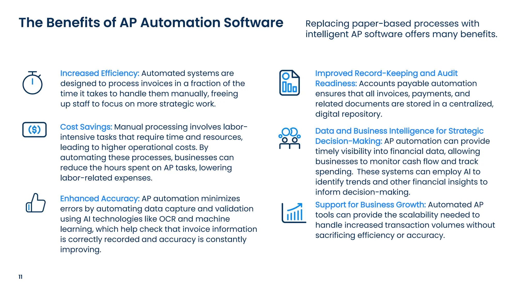 11
Replacing paper-based processes with
intelligent AP software offers many benefits.
The Benefits of AP Automation Software
Increased Efficiency: Automated systems are
designed to process invoices in a fraction of the
time it takes to handle them manually, freeing
up staff to focus on more strategic work.
Cost Savings: Manual processing involves labor-
intensive tasks that require time and resources,
leading to higher operational costs. By
automating these processes, businesses can
reduce the hours spent on AP tasks, lowering
labor-related expenses.
Enhanced Accuracy: AP automation minimizes
errors by automating data capture and validation
using AI technologies like OCR and machine
learning, which help check that invoice information
is correctly recorded and accuracy is constantly
improving.
Improved Record-Keeping and Audit
Readiness: Accounts payable automation
ensures that all invoices, payments, and
related documents are stored in a centralized,
digital repository.
Data and Business Intelligence for Strategic
Decision-Making: AP automation can provide
timely visibility into financial data, allowing
businesses to monitor cash flow and track
spending. These systems can employ AI to
identify trends and other financial insights to
inform decision-making.
Support for Business Growth: Automated AP
tools can provide the scalability needed to
handle increased transaction volumes without
sacrificing efficiency or accuracy.
 