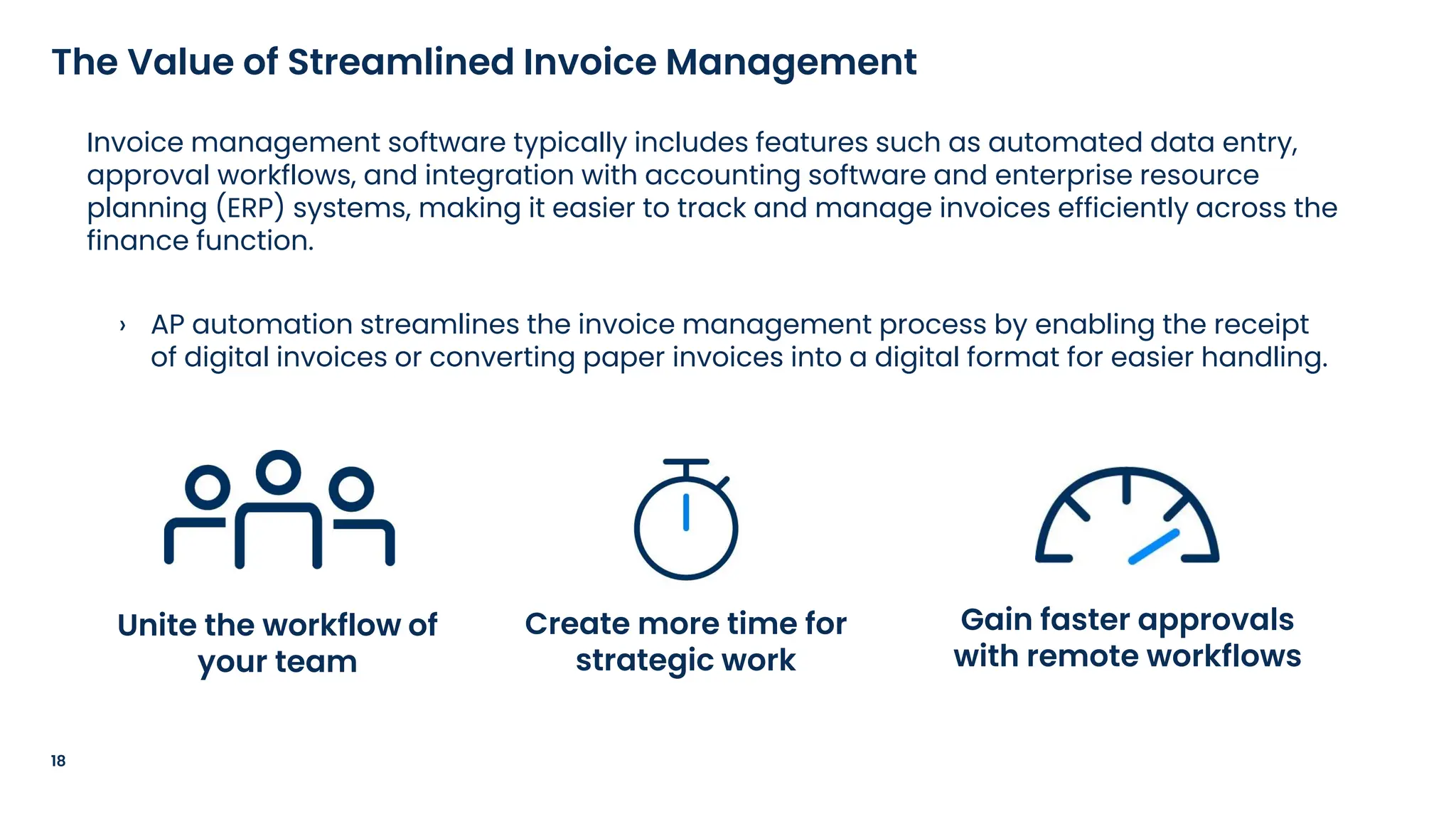 Invoice management software typically includes features such as automated data entry,
approval workflows, and integration with accounting software and enterprise resource
planning (ERP) systems, making it easier to track and manage invoices efficiently across the
finance function.
› AP automation streamlines the invoice management process by enabling the receipt
of digital invoices or converting paper invoices into a digital format for easier handling.
18
The Value of Streamlined Invoice Management
Unite the workflow of
your team
Create more time for
strategic work
Gain faster approvals
with remote workflows
 