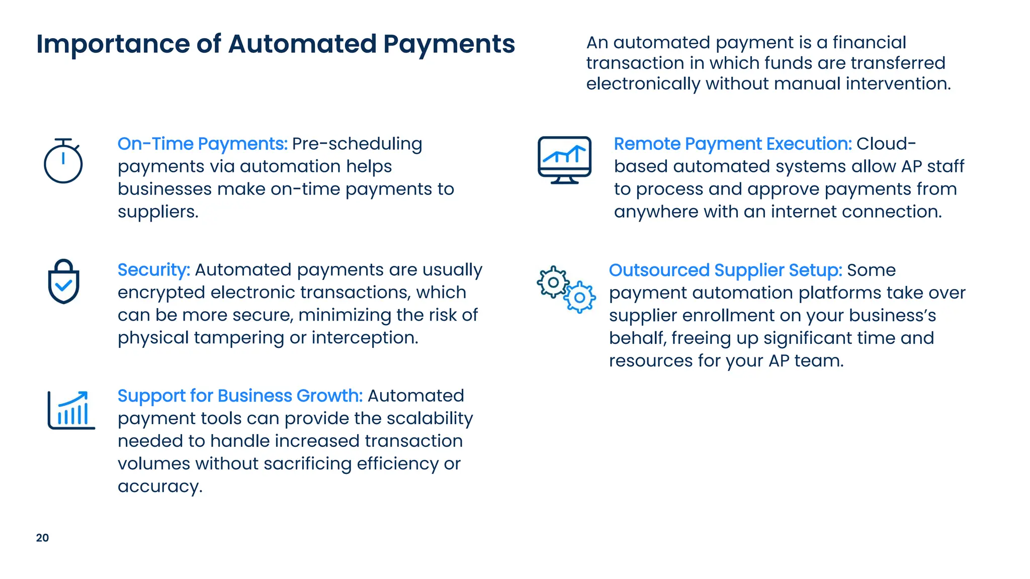 20
An automated payment is a financial
transaction in which funds are transferred
electronically without manual intervention.
Importance of Automated Payments
On-Time Payments: Pre-scheduling
payments via automation helps
businesses make on-time payments to
suppliers.
Security: Automated payments are usually
encrypted electronic transactions, which
can be more secure, minimizing the risk of
physical tampering or interception.
Support for Business Growth: Automated
payment tools can provide the scalability
needed to handle increased transaction
volumes without sacrificing efficiency or
accuracy.
Remote Payment Execution: Cloud-
based automated systems allow AP staff
to process and approve payments from
anywhere with an internet connection.
Outsourced Supplier Setup: Some
payment automation platforms take over
supplier enrollment on your business’s
behalf, freeing up significant time and
resources for your AP team.
 
