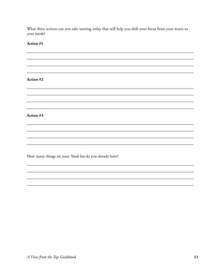 What three actions can you take starting today that will help you shift your focus from your wants to
your needs?

Action #1




Action #2




Action #3




How many things on your Needs list do you already have?




A View from the Top Guidebook                                                                           11
 