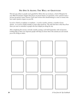 N O O N E I S A LO N E : T H E WA L L              OF   G R AT I T U D E
     Now let’s pay tribute to people you’re grateful for. Below there are ten boxes, a kind of blueprint for
     your Wall of Gratitude. Imagine these boxes are picture frames. In each frame, write a person’s name—
     not just any person’s name, however. Each name written there should belong to a man or woman who
     have made a positive impact on your life.

     It can be a friend, an employer, an employee…it can be a teacher, minister, a member of your
     church…or it can be a family member or some other loved one. The only limit here is that they all are
     those you want to remember as people who have helped you along the way.

     After completing this exercise, seriously consider creating a real wall of gratitude, with real pictures.
     Looking daily at these very important people will help you honor those who assisted you and remind
     you to be of help to others.




20                                                                               A View from the Top Guidebook
 