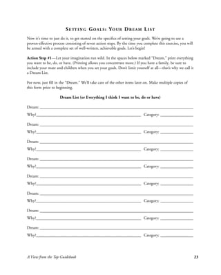 S E TT I N G G O A L S : Y O U R D R E A M L I S T
Now it’s time to just do it, to get started on the specifics of setting your goals. We’re going to use a
proven-effective process consisting of seven action steps. By the time you complete this exercise, you will
be armed with a complete set of well-written, achievable goals. Let’s begin!

Action Step #1—Let your imagination run wild. In the spaces below marked “Dream,” print everything
you want to be, do, or have. (Printing allows you concentrate more.) If you have a family, be sure to
include your mate and children when you set your goals. Don’t limit yourself at all—that’s why we call it
a Dream List.

For now, just fill in the “Dream.” We’ll take care of the other items later on. Make multiple copies of
this form prior to beginning.

                     Dream List (or Everything I think I want to be, do or have)

Dream: ___________________________________________________________________________
Why?___________________________________________________ Category: ________________

Dream: ___________________________________________________________________________
Why?___________________________________________________ Category: ________________

Dream: ___________________________________________________________________________
Why?___________________________________________________ Category: ________________

Dream: ___________________________________________________________________________
Why?___________________________________________________ Category: ________________

Dream: ___________________________________________________________________________
Why?___________________________________________________ Category: ________________

Dream: ___________________________________________________________________________
Why?___________________________________________________ Category: ________________

Dream: ___________________________________________________________________________
Why?___________________________________________________ Category: ________________

Dream: ___________________________________________________________________________
Why?___________________________________________________ Category: ________________




A View from the Top Guidebook                                                                                 23
 