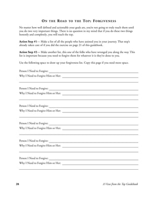 ON       THE   R OA D   TO T H E    T O P : F O RG I V E N E S S
     No matter how well defined and actionable your goals are, you’re not going to truly reach them until
     you do two very important things. There is no question in my mind that if you do these two things
     honestly and completely, you will reach the top.

     Action Step #1— Make a list of all the people who have assisted you in your journey. That step’s
     already taken care of if you did the exercise on page 21 of this guidebook.

     Action Step #2— Make another list, this one of the folks who have wronged you along the way. This
     list is important because you need to forgive them for whatever it is they’ve done to you.

     Use the following space to draw up your forgiveness list. Copy this page if you need more space.

     Person I Need to Forgive:
     Why I Need to Forgive Him or Her:



     Person I Need to Forgive:
     Why I Need to Forgive Him or Her:



     Person I Need to Forgive:
     Why I Need to Forgive Him or Her:



     Person I Need to Forgive:
     Why I Need to Forgive Him or Her:



     Person I Need to Forgive:
     Why I Need to Forgive Him or Her:



     Person I Need to Forgive:
     Why I Need to Forgive Him or Her:




28                                                                            A View from the Top Guidebook
 