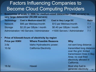 Factors Influencing Companies to
Become Cloud Computing Providers
•

Economies of scale in 2006 for medium-sized datacenter (1000 servers) vs.
very large datacenter (50,000 servers)
Technology

Cost in Medium-sized DC

Network
$95 per Mbit/sec/month
Storage
$2.20 per GByte / month
Administration 140 Servers / Administrator
•

Cost in Very Large DC

$13 per Mbit/sec/month
$0.40 per GByte / month
>1000 Servers / Administrator

Price of kilowatt-hours of electricity by region
Price per KWH
Where Possible Reasons
3.6¢
Idaho Hydroelectric power;
10.0¢
California Electricity

18.0¢

Hawaii

Ratio

7.1
5.7
7.1

Why
not sent long distance
transmitted long distance
over the grid; limited
transmission lines in Bay
Area; no coal fired
electricity allowed in
California.
Must ship fuel to
generate electricity 16

 