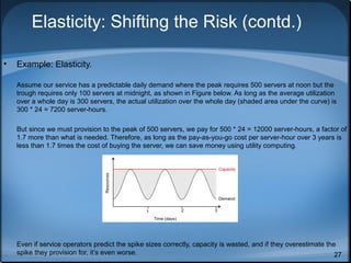 Elasticity: Shifting the Risk (contd.)
•

Example: Elasticity.
Assume our service has a predictable daily demand where the peak requires 500 servers at noon but the
trough requires only 100 servers at midnight, as shown in Figure below. As long as the average utilization
over a whole day is 300 servers, the actual utilization over the whole day (shaded area under the curve) is
300 * 24 = 7200 server-hours.
But since we must provision to the peak of 500 servers, we pay for 500 * 24 = 12000 server-hours, a factor of
1.7 more than what is needed. Therefore, as long as the pay-as-you-go cost per server-hour over 3 years is
less than 1.7 times the cost of buying the server, we can save money using utility computing.

Even if service operators predict the spike sizes correctly, capacity is wasted, and if they overestimate the
spike they provision for, it’s even worse.
27

 