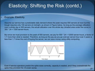 27
Elasticity: Shifting the Risk (contd.)
• Example: Elasticity.
Assume our service has a predictable daily demand where the peak requires 500 servers at noon but the
trough requires only 100 servers at midnight, as shown in Figure below. As long as the average utilization
over a whole day is 300 servers, the actual utilization over the whole day (shaded area under the curve) is
300 * 24 = 7200 server-hours.
But since we must provision to the peak of 500 servers, we pay for 500 * 24 = 12000 server-hours, a factor of
1.7 more than what is needed. Therefore, as long as the pay-as-you-go cost per server-hour over 3 years is
less than 1.7 times the cost of buying the server, we can save money using utility computing.
Even if service operators predict the spike sizes correctly, capacity is wasted, and if they overestimate the
spike they provision for, it’s even worse.
 