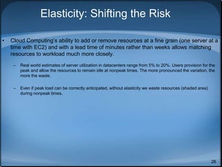 26
Elasticity: Shifting the Risk
• Cloud Computing’s ability to add or remove resources at a fine grain (one server at a
time with EC2) and with a lead time of minutes rather than weeks allows matching
resources to workload much more closely.
– Real world estimates of server utilization in datacenters range from 5% to 20%. Users provision for the
peak and allow the resources to remain idle at nonpeak times. The more pronounced the variation, the
more the waste.
– Even if peak load can be correctly anticipated, without elasticity we waste resources (shaded area)
during nonpeak times.
 