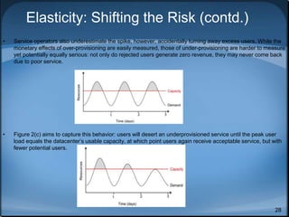 28
Elasticity: Shifting the Risk (contd.)
• Service operators also underestimate the spike, however, accidentally turning away excess users. While the
monetary effects of over-provisioning are easily measured, those of under-provisioning are harder to measure
yet potentially equally serious: not only do rejected users generate zero revenue, they may never come back
due to poor service.
• Figure 2(c) aims to capture this behavior: users will desert an underprovisioned service until the peak user
load equals the datacenter’s usable capacity, at which point users again receive acceptable service, but with
fewer potential users.
 
