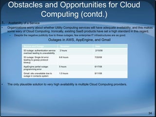34
Obstacles and Opportunities for Cloud
Computing (contd.)
1. Availability of a Service
• Organizations worry about whether Utility Computing services will have adequate availability, and this makes
some wary of Cloud Computing. Ironically, existing SaaS products have set a high standard in this regard.
– Despite the negative publicity due to these outages, few enterprise IT infrastructures are as good.
Outages in AWS, AppEngine, and Gmail
• The only plausible solution to very high availability is multiple Cloud Computing providers.
Service and Outage Duration Date
S3 outage: authentication service
overload leading to unavailability
2 hours 2/15/08
S3 outage: Single bit error
leading to gossip protocol
blowup.
6-8 hours 7/20/08
AppEngine partial outage:
programming error
5 hours 6/17/08
Gmail: site unavailable due to
outage in contacts system
1.5 hours 8/11/08
 