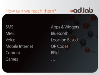 How can we reach them?


SMS                Apps & Widgets
MMS                Bluetooth
Voice              Location Based
...