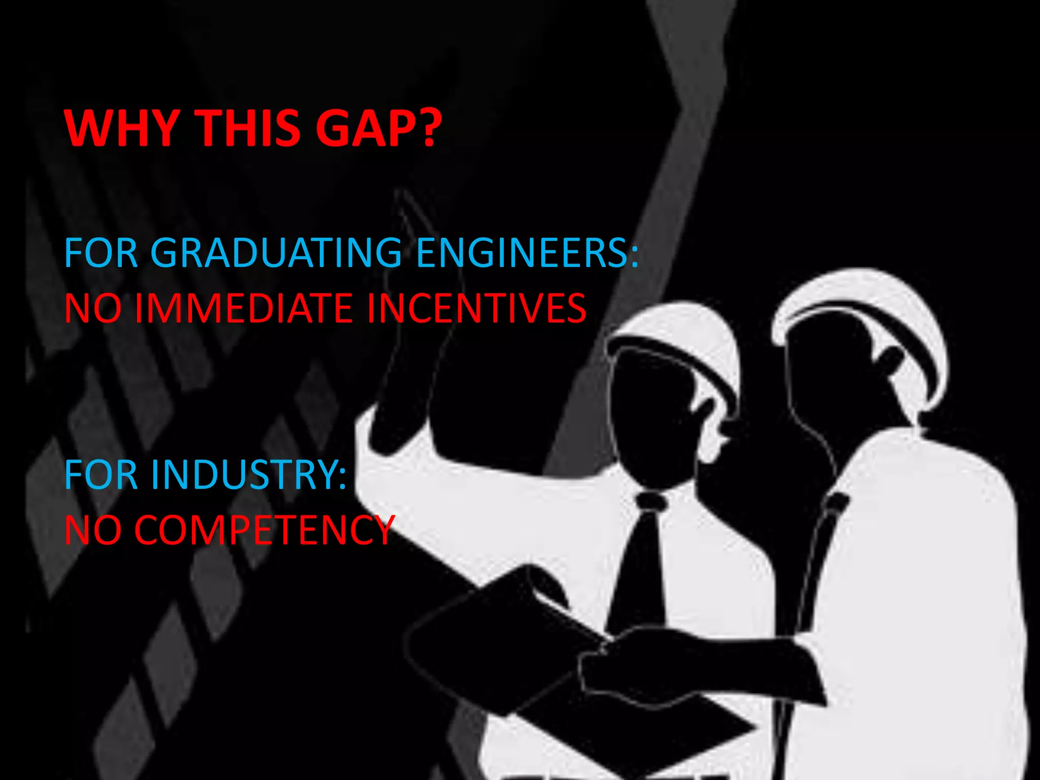 WHY THIS GAP?

FOR GRADUATING ENGINEERS:
NO IMMEDIATE INCENTIVES


FOR INDUSTRY:
NO COMPETENCY
 