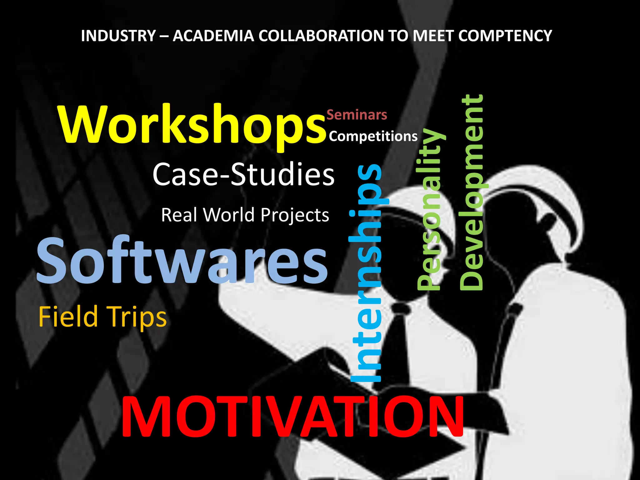 INDUSTRY – ACADEMIA COLLABORATION TO MEET COMPTENCY




                                               Development
 Workshops                   Seminars




                                               Personality
                             Competitions

          Case-Studies




                                 Internships
           Real World Projects

Softwares
Field Trips


       MOTIVATION
 