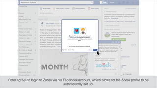 Peter agrees to login to Zoosk via his Facebook account, which allows for his Zoosk pro?le to be
automatically set up.
 