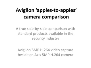Avigilon ‘apples-to-apples’
camera comparison
A true side-by-side comparison with
standard products available in the
security industry
Avigilon 5MP H.264 video capture
beside an Axis 5MP H.264 camera
 