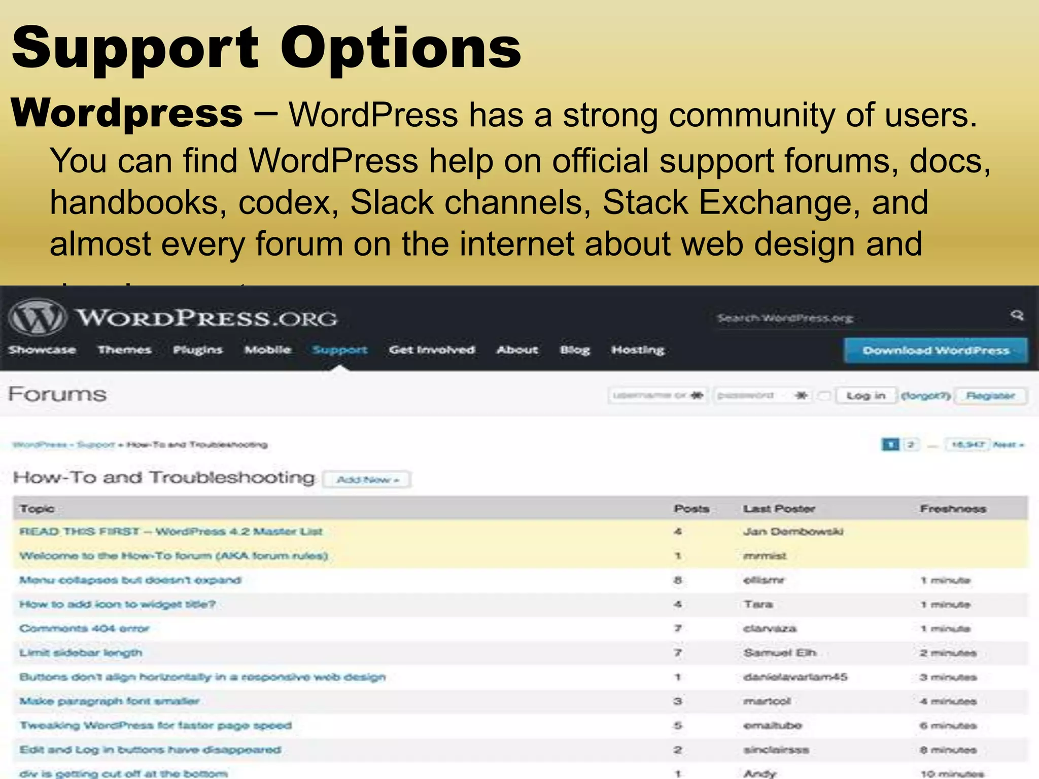 Support Options Wordpress – WordPress has a strong community of users. You can find WordPress help on official support forums, docs, handbooks, codex, Slack channels, Stack Exchange, and almost every forum on the internet about web design and development. 