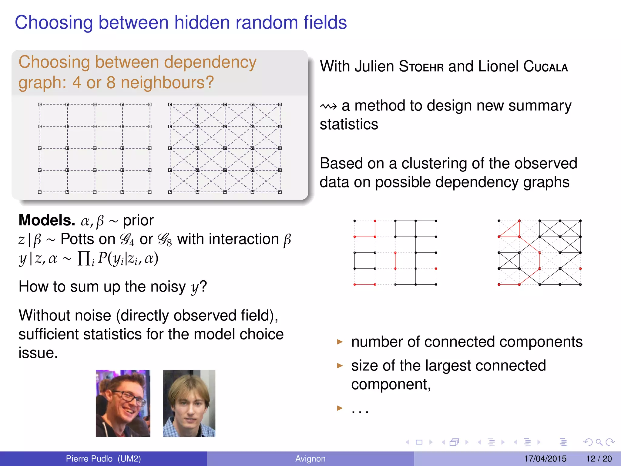 Choosing between hidden random ﬁelds
Choosing between dependency
graph: 4 or 8 neighbours?
Models. α, β ∼ prior
z | β ∼ Potts on G4 or G8 with interaction β
y | z, α ∼ i P(yi|zi, α)
How to sum up the noisy y?
Without noise (directly observed ﬁeld),
sufﬁcient statistics for the model choice
issue.
With Julien Stoehr and Lionel Cucala
a method to design new summary
statistics
Based on a clustering of the observed
data on possible dependency graphs
number of connected components
size of the largest connected
component,
. . .
Pierre Pudlo (UM2) Avignon 17/04/2015 12 / 20
 