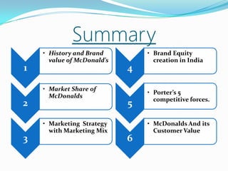 Summary
1
• History and Brand
value of McDonald’s
2
• Market Share of
McDonalds
3
• Marketing Strategy
with Marketing Mix
4
• Brand Equity
creation in India
5
• Porter’s 5
competitive forces.
6
• McDonalds And its
Customer Value
 