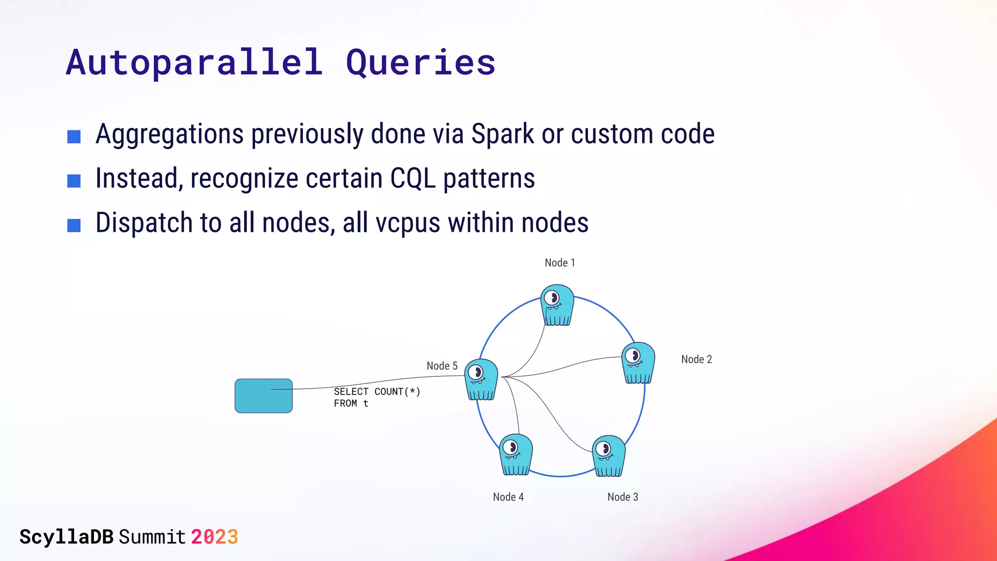 Autoparallel Queries
■ Aggregations previously done via Spark or custom code
■ Instead, recognize certain CQL patterns
■ Dispatch to all nodes, all vcpus within nodes
Node 5
Node 1
Node 2
Node 4 Node 3
SELECT COUNT(*)
FROM t
 