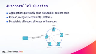 Autoparallel Queries
■ Aggregations previously done via Spark or custom code
■ Instead, recognize certain CQL patterns
■ Dispatch to all nodes, all vcpus within nodes
Node 5
Node 1
Node 2
Node 4 Node 3
SELECT COUNT(*)
FROM t
 