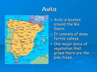 Avila
Avila is located
around the Rio
Duero.
It consists of many
fertile valleys.
One major piece of
vegetation that
grows there are the
pine trees.