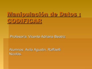 Manipulación de Datos :
CODIFICAR

Profesor/a: Vicente Adriana Beatriz


Alumnos: Avila Agustin, Raffaelli
Nicolás.
 