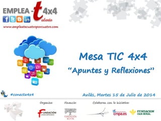 Avilés, Martes 15 de Julio de 2014
“Apuntes y Reflexiones”
Mesa TIC 4x4
#conecta4x4
 