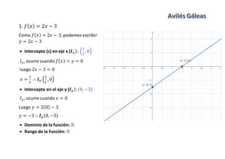 1. 𝑓( 𝑥) = 2𝑥 − 3
Como 𝑓( 𝑥) = 2𝑥 − 3, podemos escribir
𝑦 = 2𝑥 − 3
 Intercepto (s) en eje x (𝑰 𝒙): (
3
2
, 0)
𝐼 𝑥, ocurre cuando 𝑓( 𝑥) = 𝑦 = 0
luego 2𝑥 − 3 = 0
𝑥 =
3
2
∴ 𝑰 𝒙 (
3
2
, 0)
 Intercepto en el eje y (𝑰 𝒚): (0, −3)
𝐼 𝑦, ocurre cuando 𝑥 = 0
Luego 𝑦 = 2(0) − 3
𝑦 = −3 ∴ 𝑰 𝒚(0, −3)
 Dominio de la función: ℝ
 Rango de la función: ℝ
 