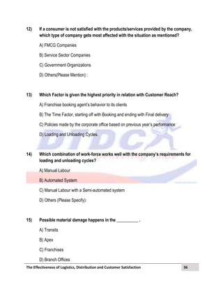The Effectiveness of Logistics, Distribution and Customer Satisfaction 36
12) If a consumer is not satisfied with the products/services provided by the company,
which type of company gets most affected with the situation as mentioned?
A) FMCG Companies
B) Service Sector Companies
C) Government Organizations
D) Others(Please Mention) :
13) Which Factor is given the highest priority in relation with Customer Reach?
A) Franchise booking agent’s behavior to its clients
B) The Time Factor, starting off with Booking and ending with Final delivery
C) Policies made by the corporate office based on previous year’s performance
D) Loading and Unloading Cycles.
14) Which combination of work-force works well with the company’s requirements for
loading and unloading cycles?
A) Manual Labour
B) Automated System
C) Manual Labour with a Semi-automated system
D) Others (Please Specify):
15) Possible material damage happens in the __________ .
A) Transits
B) Apex
C) Franchises
D) Branch Offices
 