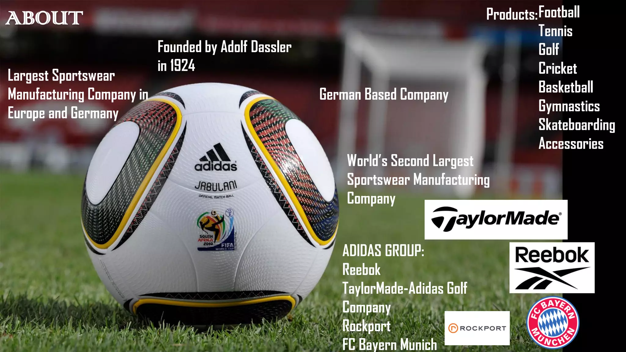 ABOUT
Founded by Adolf Dassler
in 1924
World’s Second Largest
Sportswear Manufacturing
Company
German Based Company
Largest Sportswear
Manufacturing Company in
Europe and Germany
ADIDAS GROUP:
Reebok
TaylorMade-Adidas Golf
Company
Rockport
FC Bayern Munich
Football
Tennis
Golf
Cricket
Basketball
Gymnastics
Skateboarding
Accessories
Products:
 