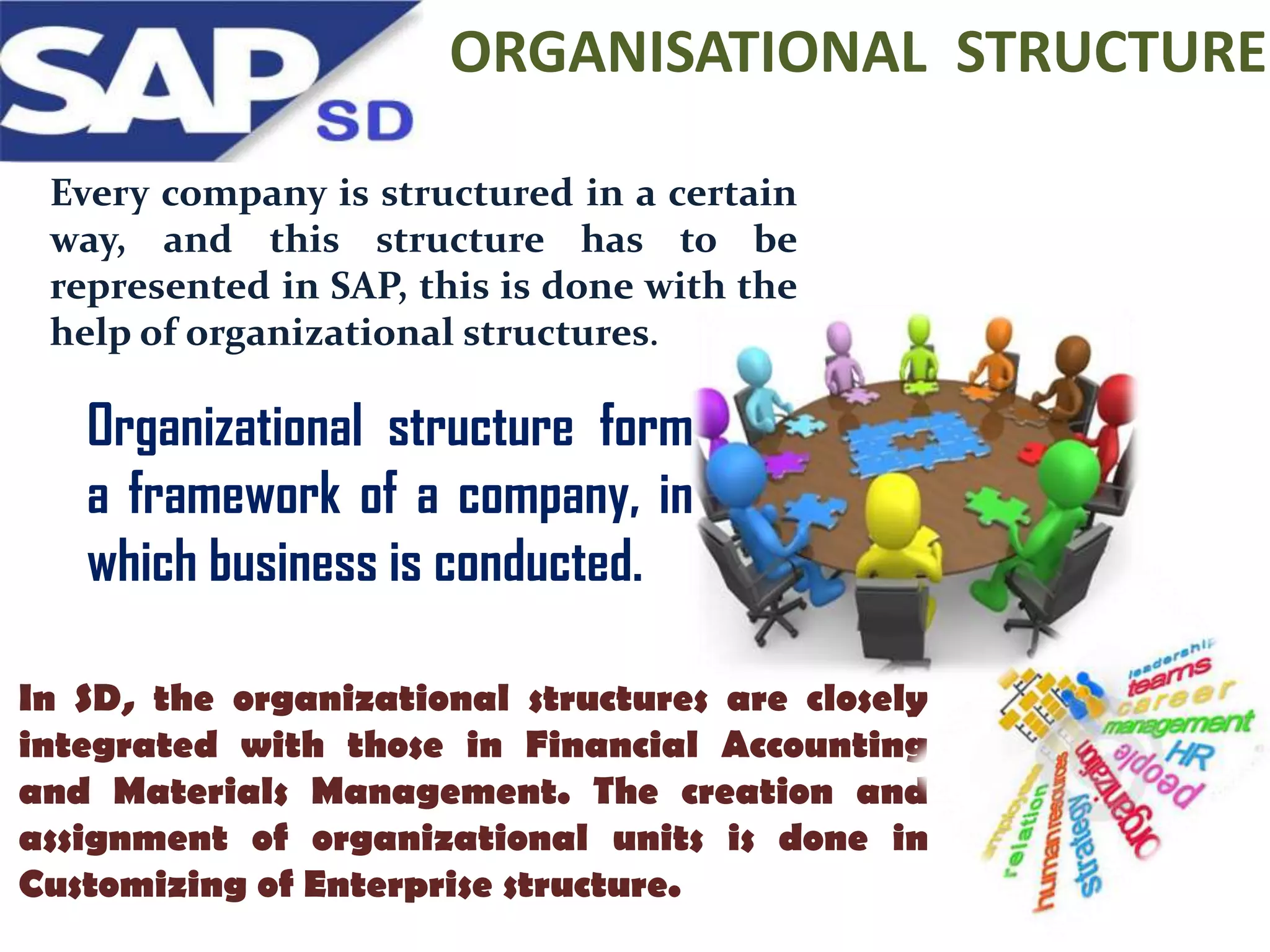 ORGANISATIONAL STRUCTURE
Every company is structured in a certain
way, and this structure has to be
represented in SAP, this is done with the
help of organizational structures.

Organizational structure form
a framework of a company, in
which business is conducted.
In SD, the organizational structures are closely
integrated with those in Financial Accounting
and Materials Management. The creation and
assignment of organizational units is done in
Customizing of Enterprise structure.

 