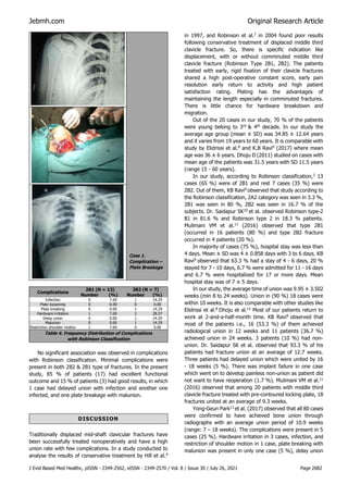 Jebmh.com Original Research Article
J Evid Based Med Healthc, pISSN - 2349-2562, eISSN - 2349-2570 / Vol. 8 / Issue 30 / July 26, 2021 Page 2682
Case 1.
Complication –
Plate Breakage
Complications
2B1 (N = 13) 2B2 (N = 7)
Number (%) Number (%)
Infection 0 7.69 1 14.29
Plate loosening 0 0.00 0 0.00
Plate breaking 0 0.00 1 14.29
Hardware irritation 1 7.69 2 28.57
Delay union 0 0.00 1 14.29
Malunion 0 0.00 1 14.29
Restriction shoulder motion 1 7.69 0 0.00
Table 4. Frequency Distribution of Complications
with Robinson Classification
No significant association was observed in complications
with Robinson classification. Minimal complications were
present in both 2B2 & 2B1 type of fractures. In the present
study, 85 % of patients (17) had excellent functional
outcome and 15 % of patients (3) had good results, in which
1 case had delayed union with infection and another one
infected, and one plate breakage with malunion.
DISCUSSION
Traditionally displaced mid-shaft clavicular fractures have
been successfully treated nonoperatively and have a high
union rate with few complications. In a study conducted to
analyse the results of conservative treatment by Hill et al.4
in 1997, and Robinson et al.7
in 2004 found poor results
following conservative treatment of displaced middle third
clavicle fracture. So, there is specific indication like
displacement, with or without comminuted middle third
clavicle fracture (Robinson Type 2B1, 2B2). The patients
treated with early, rigid fixation of their clavicle fractures
shared a high post-operative constant score, early pain
resolution early return to activity and high patient
satisfaction rating. Plating has the advantages of
maintaining the length especially in comminuted fractures.
There is little chance for hardware breakdown and
migration.
Out of the 20 cases in our study, 70 % of the patients
were young belong to 3rd
& 4th
decade. In our study the
average age group (mean ± SD) was 34.85 ± 12.64 years
and it varies from 19 years to 60 years. It is comparable with
study by Elidrissi et al.8
and K.B Ravi9
(2017) where mean
age was 36 ± 6 years. Dhoju D (2011) studied on cases with
mean age of the patients was 31.5 years with SD 11.5 years
(range 15 - 60 years).
In our study, according to Robinson classification,3
13
cases (65 %) were of 2B1 and rest 7 cases (35 %) were
2B2. Out of them, KB Ravi9
observed that study according to
the Robinson classification, 2A2 category was seen in 3.3 %,
2B1 was seen in 80 %, 2B2 was seen in 16.7 % of the
subjects. Dr. Saidapur SK10
et al. observed Robinson type-2
B1 in 81.6 % and Robinson type 2 in 18.3 % patients.
Mulimani VM et al.11
(2016) observed that type 2B1
(occurred in 16 patients (80 %) and type 2B2 fracture
occurred in 4 patients (20 %).
In majority of cases (75 %), hospital stay was less than
4 days. Mean ± SD was 4 ± 0.858 days with 3 to 6 days. KB
Ravi9
observed that 63.3 % had a stay of 4 - 6 days, 20 %
stayed for 7 - 10 days, 6.7 % were admitted for 11 - 16 days
and 6.7 % were hospitalized for 17 or more days. Mean
hospital stay was of 7 ± 5 days.
In our study, the average time of union was 9.95 ± 3.502
weeks (min 8 to 24 weeks). Union in (90 %) 18 cases were
within 10 weeks. It is also comparable with other studies like
Elidrissi et al.8
Dhoju et al.12
Most of our patients return to
work at 2-and-a-half-month time. KB Ravi9
observed that
most of the patients i.e., 16 (53.3 %) of them achieved
radiological union in 12 weeks and 11 patients (36.7 %)
achieved union in 24 weeks. 3 patients (10 %) had non-
union. Dr. Saidapur SK et al. observed that 93.3 % of his
patients had fracture union at an average of 12.7 weeks.
Three patients had delayed union which were united by 16
- 18 weeks (5 %). There was implant failure in one case
which went on to develop painless non-union as patient did
not want to have reoperation (1.7 %). Mulimani VM et al.11
(2016) observed that among 20 patients with middle third
clavicle fracture treated with pre-contoured locking plate, 18
fractures united at an average of 9.3 weeks.
Yong-Geun Park13
et al. (2017) observed that all 80 cases
were confirmed to have achieved bone union through
radiographs with an average union period of 10.9 weeks
(range: 7 – 18 weeks). The complications were present in 5
cases (25 %). Hardware irritation in 3 cases, infection, and
restriction of shoulder motion in 1 case, plate breaking with
malunion was present in only one case (5 %), delay union
 
