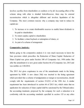 Page | 17
involves sacrifice from shareholders or creditors or by all. Accounting effect of the
scheme along with other is detailed belowHowever, there may be external
reconstruction which is altogether different and involves liquidation of the
Company. The most common reasons why a company may want to reduce its
capital are:
1. To increase or to create distributable reserves to enable future dividends to
be paid to shareholders
2. To return surplus capital to shareholders
3. To facilitate a share buyback or redemption of shares, or
4. As part of a scheme of arrangement
Comparative Analysis:-
Before going to the comparative analysis it is very much necessary to know the
bare provision which prescribes the Reduction of Share Capital. Reduction of
Share Capital was given under Section 100 of Companies Act, 1956 earlier. But
after the amendment it is now given under Section 66 of Companies Act, 2013 and
was notifies on 1-04-2014.
The 2013 Act gives cognisance to one of the amendments made in the listing
agreement by SEBI. A new clause 24(i) was inserted to the listing agreement
which provided that a scheme of amalgamation or merger or reconstruction, should
comply with the requirements of section 211(3C) of the 1956 Act. A similar
requirement has been introduced in section 66 of 2013 Act, which states that no
application for reduction of share capital shall be sanctioned by the Tribunal unless
the accounting treatment, proposed by the company for such a reduction is in
conformity with the accounting standards specified in section 133 or any other
 
