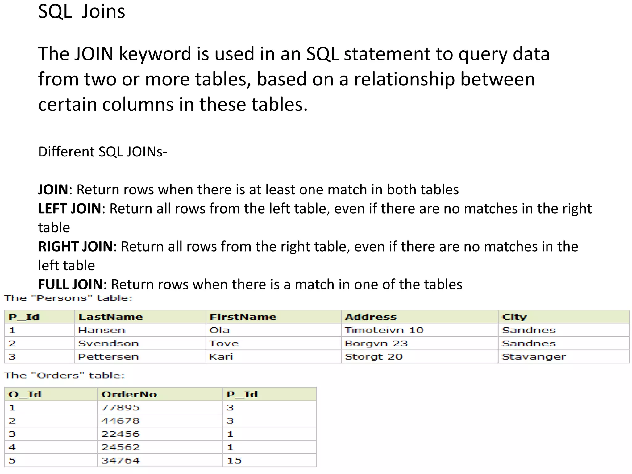 SQL Joins
The JOIN keyword is used in an SQL statement to query data
from two or more tables, based on a relationship between
certain columns in these tables.

Different SQL JOINs-

JOIN: Return rows when there is at least one match in both tables
LEFT JOIN: Return all rows from the left table, even if there are no matches in the right
table
RIGHT JOIN: Return all rows from the right table, even if there are no matches in the
left table
FULL JOIN: Return rows when there is a match in one of the tables
 