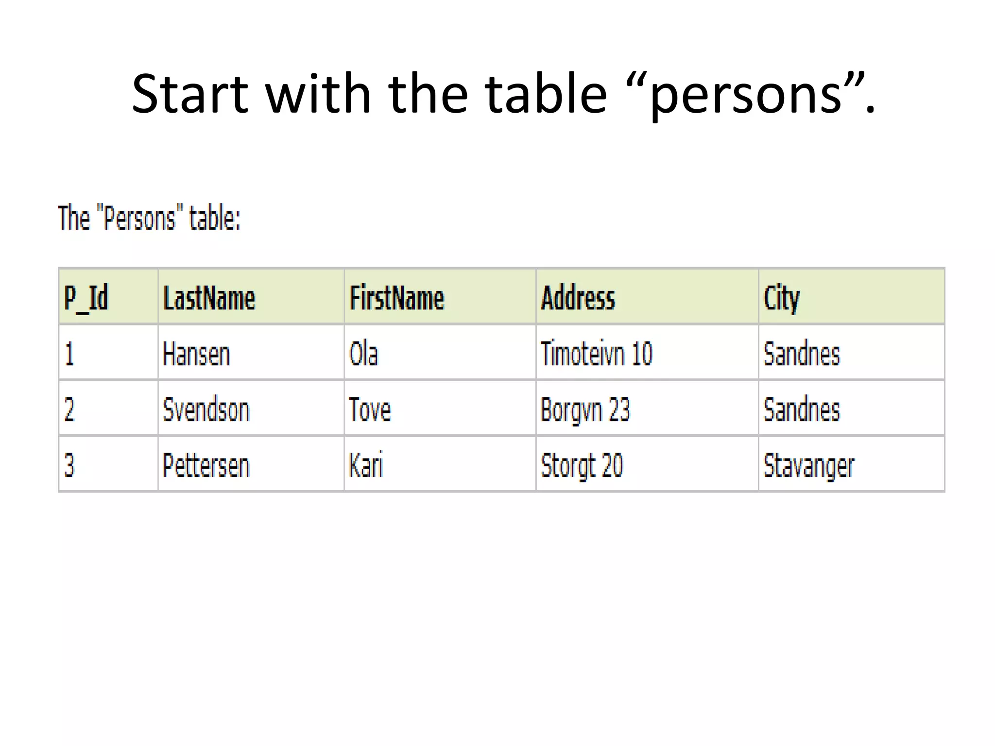 Start with the table “persons”.
 