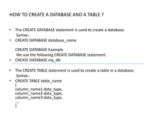HOW TO CREATE A DATABASE AND A TABLE ?

• The CREATE DATABASE statement is used to create a database.
  Syntax:-
• CREATE DATABASE database_name

  CREATE DATABASE Example
  We use the following CREATE DATABASE statement:
• CREATE DATABASE my_db

• The CREATE TABLE statement is used to create a table in a database.
   Syntax:-
• CREATE TABLE table_name
  (
  column_name1 data_type,
  column_name2 data_type,
  column_name3 data_type,
  ....
  )
 