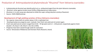 Production of Antimycobacterial phytomolecule “Khusimol” from Vetiveria zizanioides-
• A phytomolecule khusimol was identify which act as antibacterial agent from the plant Vetiveria zizanioides.
• Khusimol active against virulent strain H37Rv of Mycobacterium tuberculosis.
• Khusimol, in in-vitro assay was observed to inhibit the super coiling induction activity of bacterial.
• Source- CISIR-CIMAP,lucknow
Development of high yielding varieties of khus (Vetiveria zizanoides)-
• Ten superior clones with oil content above 2.2% in replicated trial.
• Developed polycross progenies were evaluate their fresh root yield and oil content again.
• Fresh root yield and oil content ranged from 0.50 – 70.7g/ plant and 2.2 – 2.96 percent, respectively against check
(Gulabi-1.76, Kesari-1.04, Dharni-1.92, KS1-2.03%).
• Progenies have been raised through seeds for evaluation.
• Source- Directorate of Medicinal and Aromatic Plants Research, Anand.
29/5/2014 PBT-510 Biosafety,IPR and Bioetics {2+0} 50
 