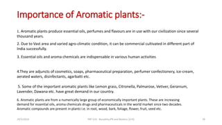Importance of Aromatic plants:-
6. Aromatic plants are from a numerically large group of economically important plants. These are increasing
demand for essential oils, aroma chemicals drugs and pharmaceuticals in the world market since two decades.
Aromatic compounds are present in plants i.e. in root, wood, bark, foliage, flower, fruit, seed etc.
1. Aromatic plants produce essential oils, perfumes and flavours are in use with our civilization since several
thousand years.
2. Due to Vast area and varied agro-climatic condition, it can be commercial cultivated in different part of
India successfully.
3. Essential oils and aroma chemicals are indispensable in various human activities.
4.They are adjuncts of cosmetics, soaps, pharmaceutical preparation, perfumer confectionery, ice-cream,
aerated waters, disinfectants, agarbatti etc.
5. Some of the important aromatic plants like Lemon grass, Citronella, Palmarose, Vetiver, Geranium,
Lavender, Dawana etc. have great demand in our country.
29/5/2014 PBT-510 Biosafety,IPR and Bioetics {2+0} 78
 