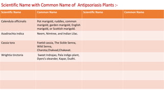 Scientific Name with Common Name of Antipsoriasis Plants :-
29/5/2014 PBT-510 Biosafety,IPR and Bioetics {2+0} 97
Scientific Name Common Name Scientific Name Common Name
Calendula officinalis Pot marigold, ruddles, common
marigold, garden marigold, English
marigold, or Scottish marigold.
Azadirachta indica Neem, Nimtree, and Indian Lilac.
Cassia tora Foetid cassia, The Sickle Senna,
Wild Senna,
Charota,Chakvad,Chakavat.
Wrightia tinctoria Sweet Indrajao, Pala indigo plant,
Dyers’s oleander, Kapar, Dudhi.
 